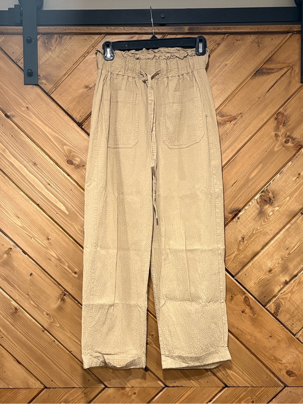 Zara Women’s Gauze Paper bag Drawstring Pants in Light Beige Pockets XS